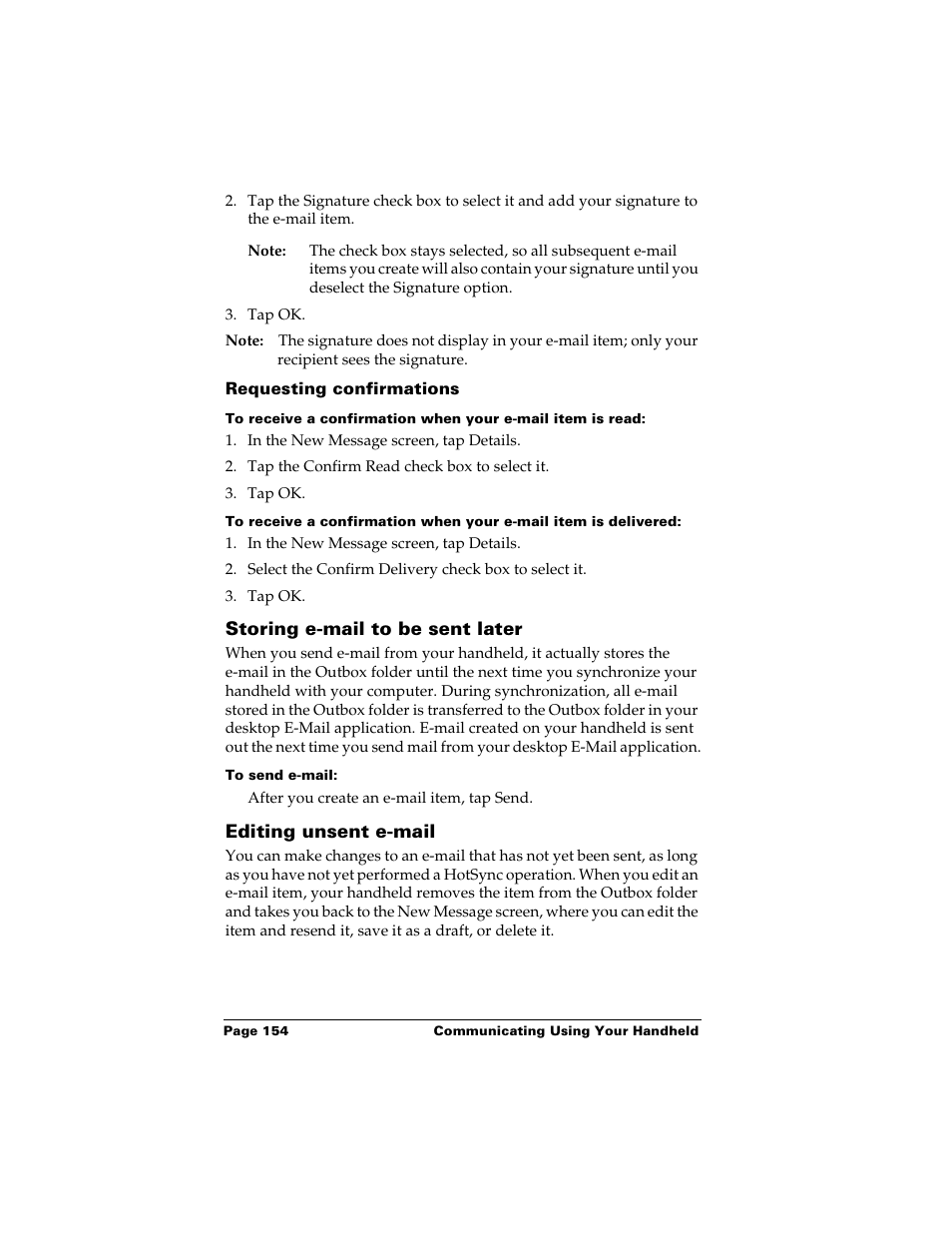 Requesting confirmations, Storing e-mail to be sent later, To send e-mail | Editing unsent e-mail | Palm Handhelds m500 User Manual | Page 164 / 286