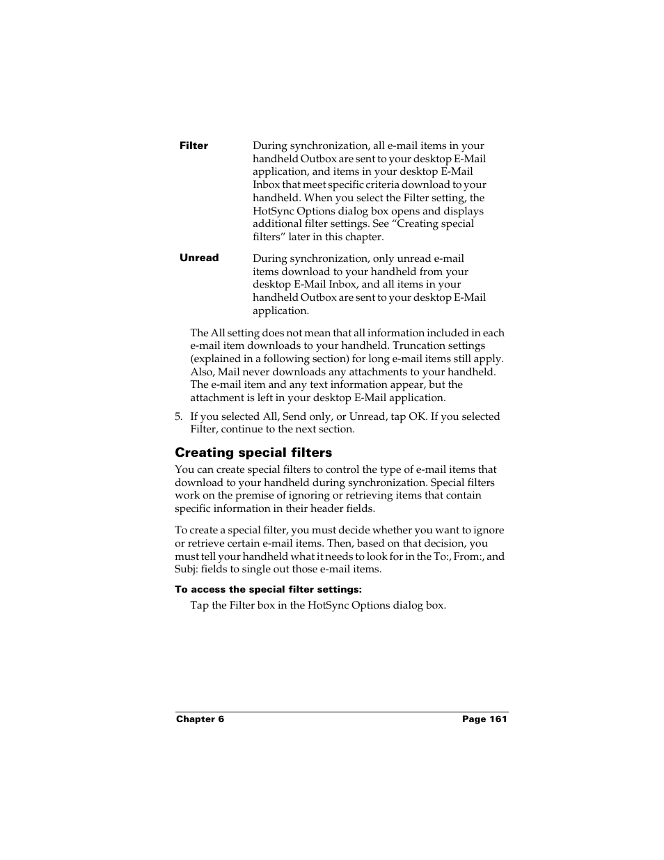 Creating special filters, To access the special filter settings | Palm Handhelds m500 User Manual | Page 171 / 286