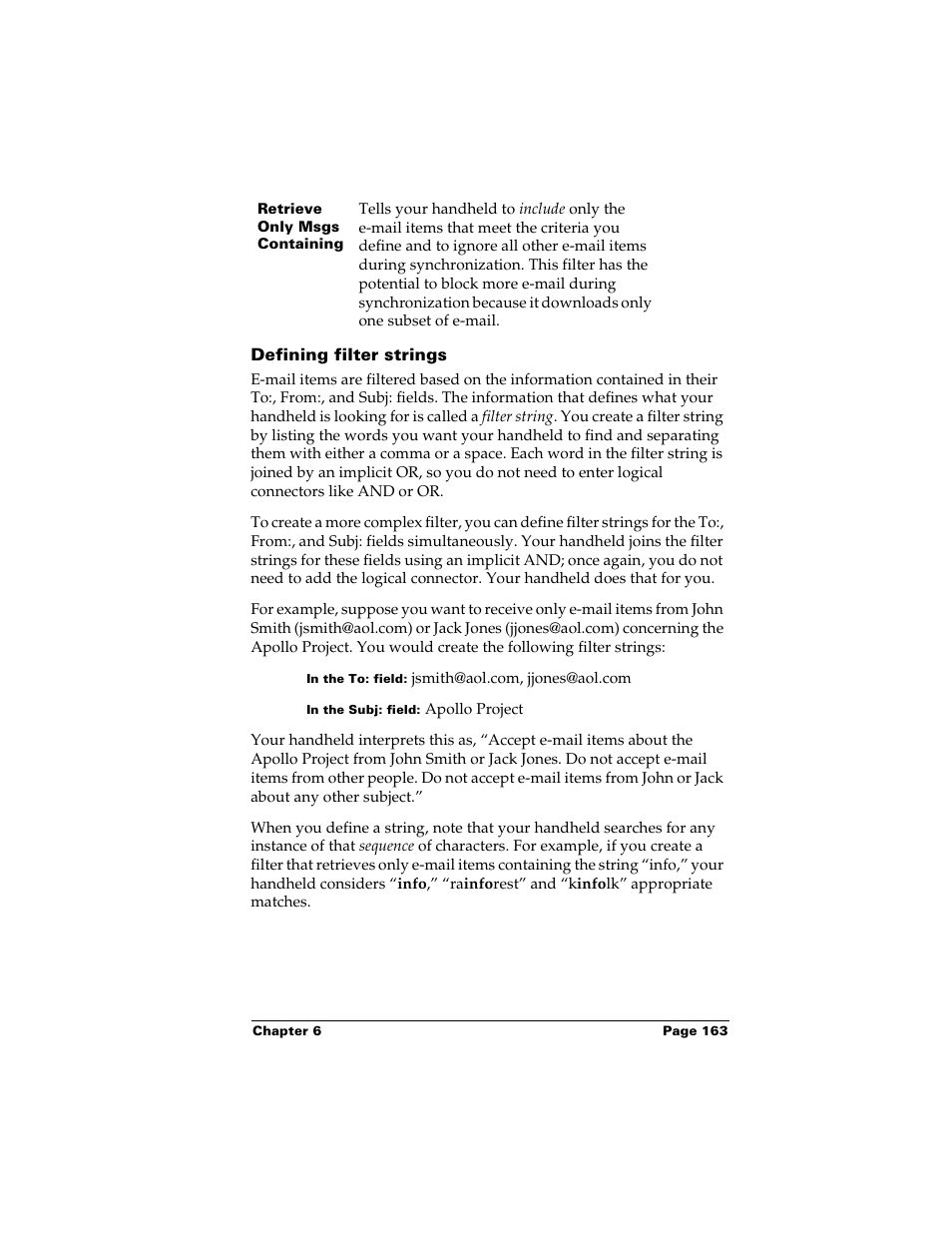 Defining filter strings | Palm Handhelds m500 User Manual | Page 173 / 286