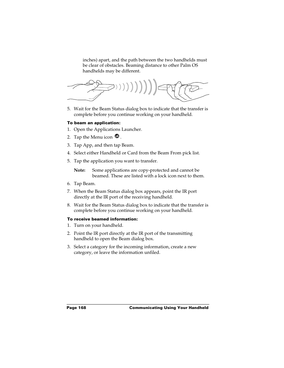 To beam an application, To receive beamed information | Palm Handhelds m500 User Manual | Page 178 / 286