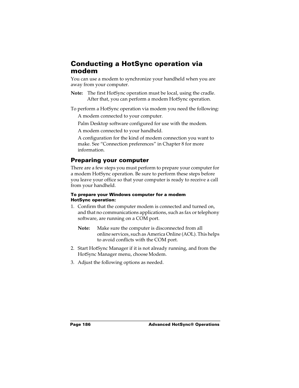 Conducting a hotsync operation via modem, Preparing your computer | Palm Handhelds m500 User Manual | Page 196 / 286