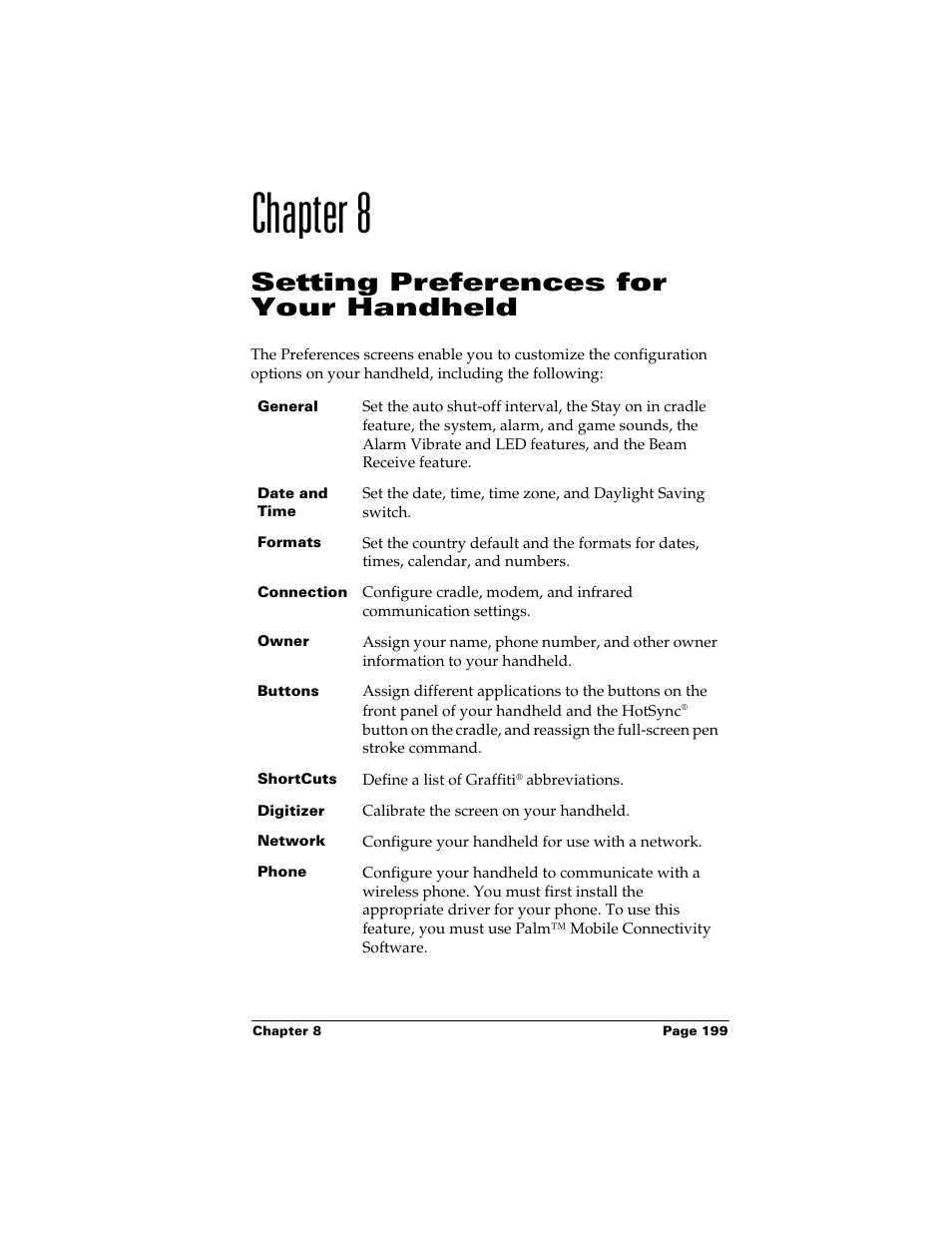 Chapter 8, Setting preferences for your handheld, Chapter 8: setting preferences for your handheld | Palm Handhelds m500 User Manual | Page 209 / 286