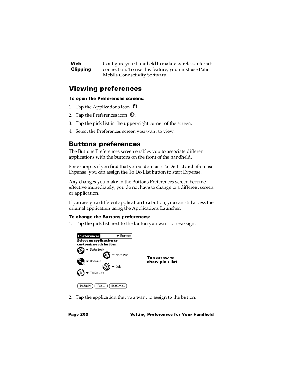 Viewing preferences, To open the preferences screens, Buttons preferences | To change the buttons preferences, Viewing preferences buttons preferences, Te pad. see “buttons preferences” in chapter 8 | Palm Handhelds m500 User Manual | Page 210 / 286