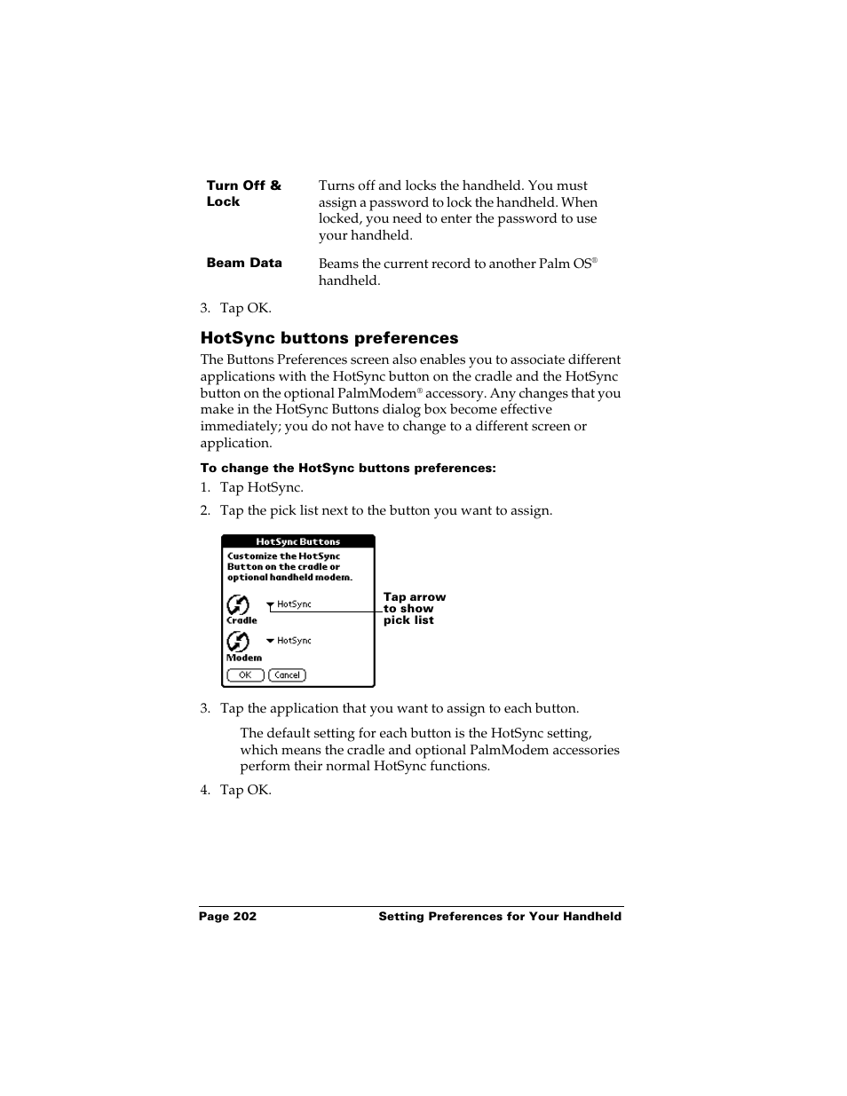 Hotsync buttons preferences, To change the hotsync buttons preferences | Palm Handhelds m500 User Manual | Page 212 / 286