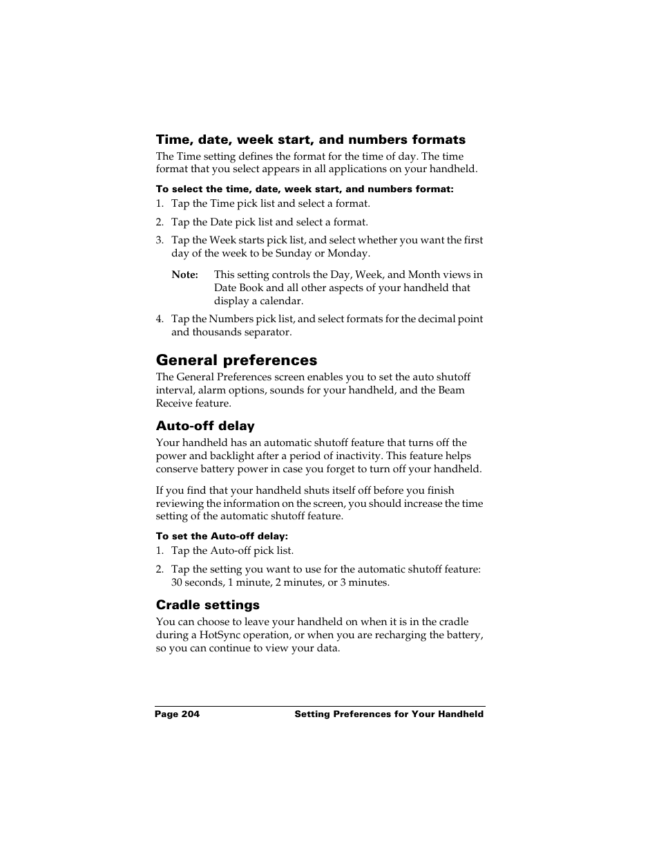 Time, date, week start, and numbers formats, General preferences, Auto-off delay | To set the auto-off delay, Cradle settings, Auto-off delay cradle settings, See “general preferences” in chapter 8 for deta, Ature. see “auto-off delay” in chapter 8 | Palm Handhelds m500 User Manual | Page 214 / 286