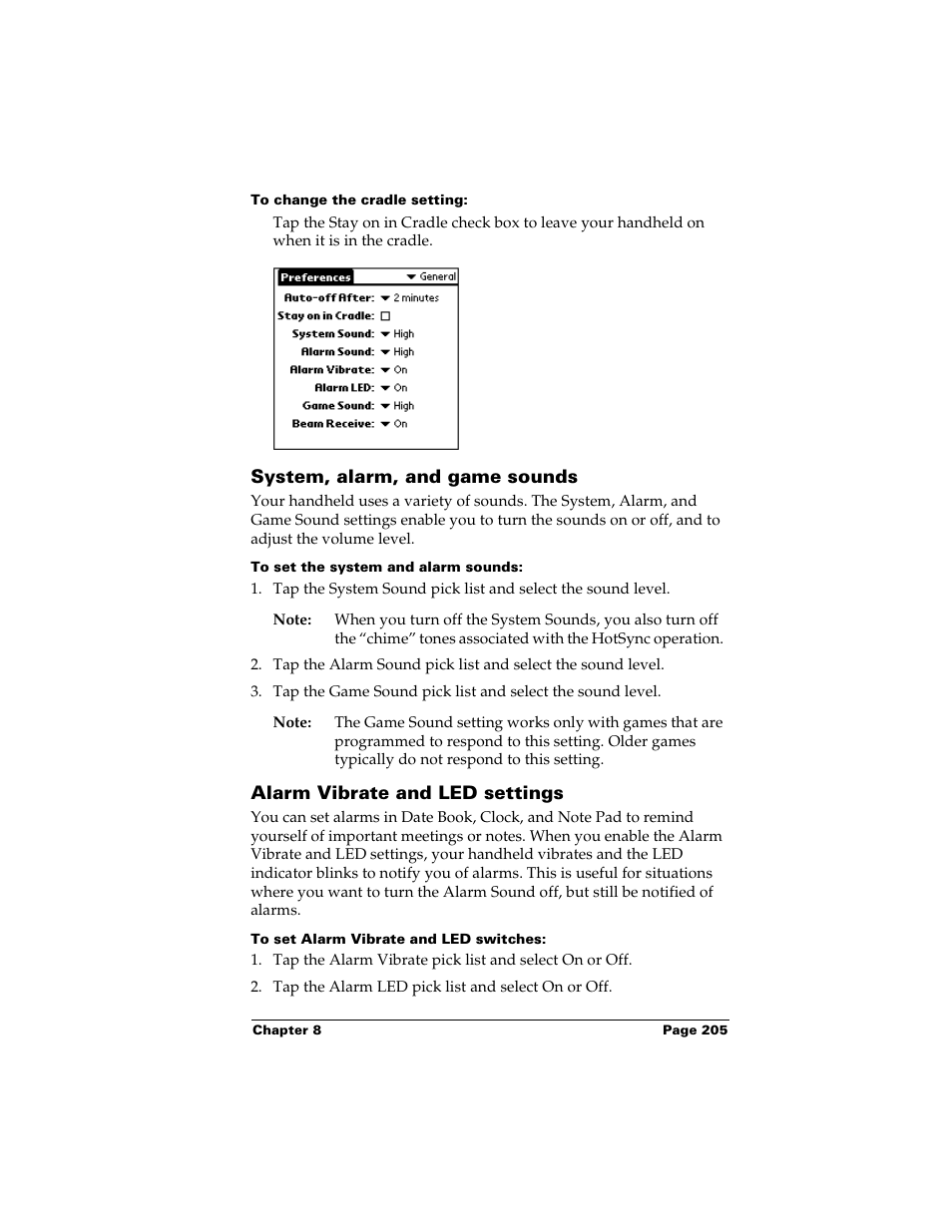 To change the cradle setting, System, alarm, and game sounds, To set the system and alarm sounds | Alarm vibrate and led settings, To set alarm vibrate and led switches | Palm Handhelds m500 User Manual | Page 215 / 286