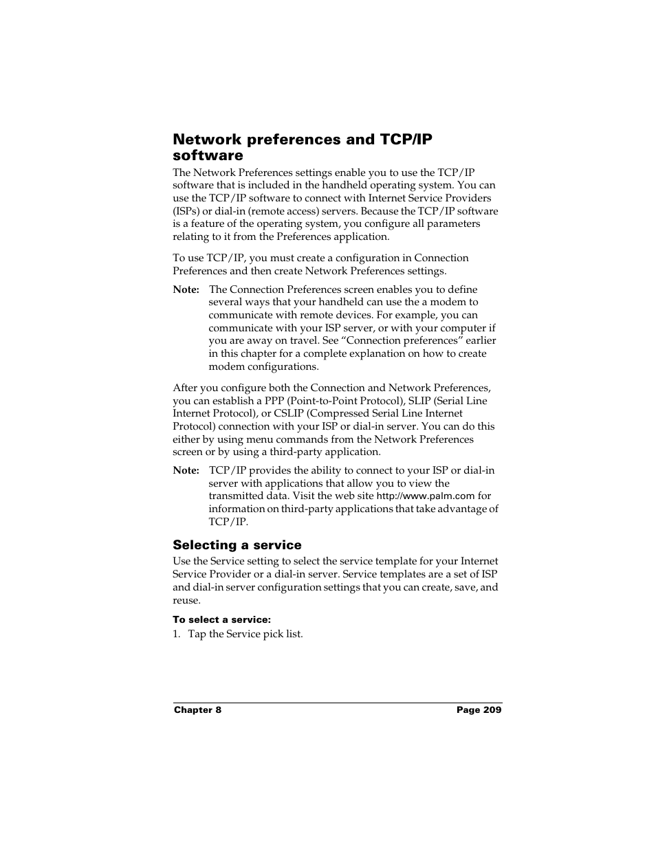 Network preferences and tcp/ip software, Selecting a service, To select a service | Palm Handhelds m500 User Manual | Page 219 / 286