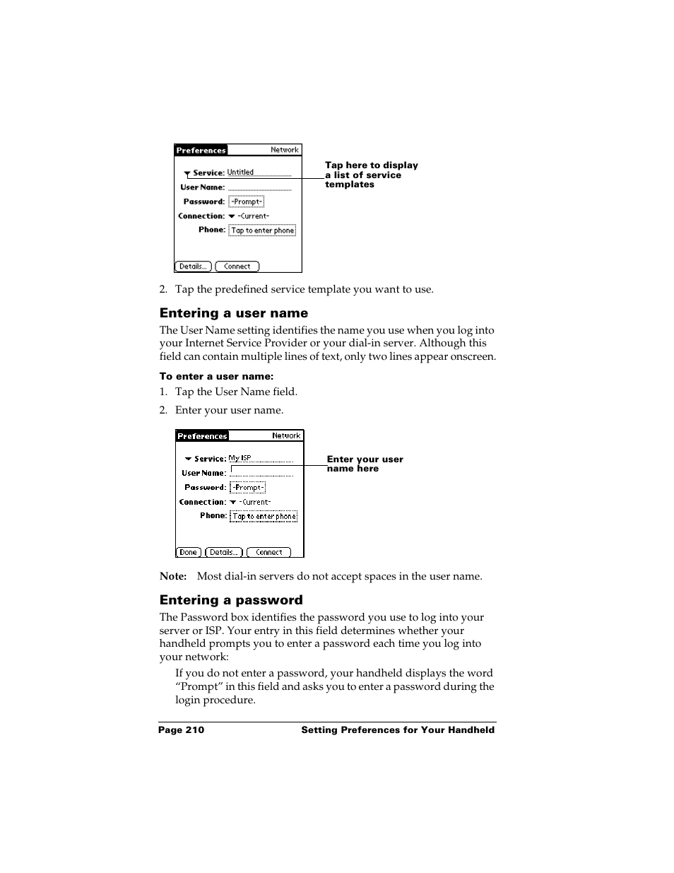 Entering a user name, To enter a user name, Entering a password | Entering a user name entering a password | Palm Handhelds m500 User Manual | Page 220 / 286