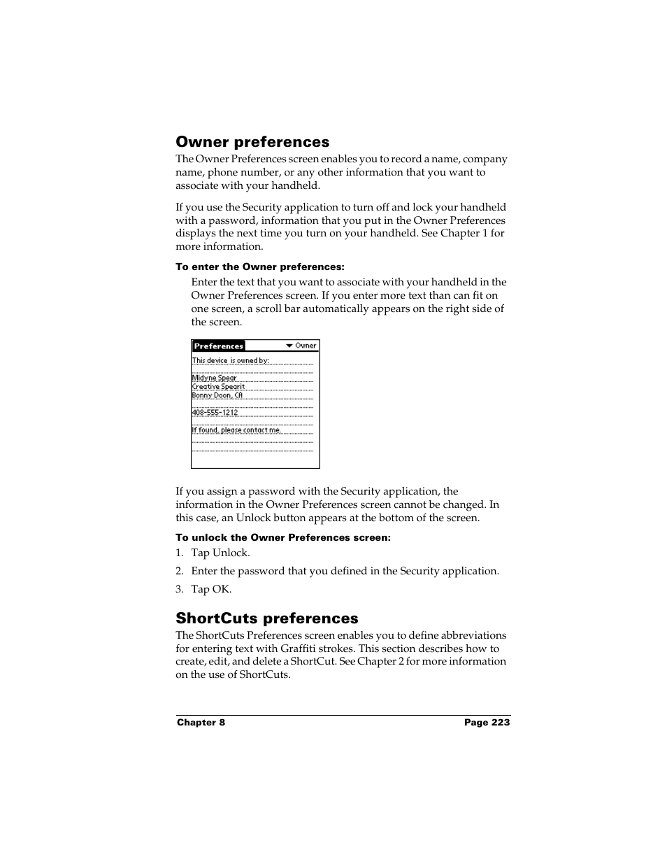 Owner preferences, To enter the owner preferences, To unlock the owner preferences screen | Shortcuts preferences, Owner preferences shortcuts preferences | Palm Handhelds m500 User Manual | Page 233 / 286