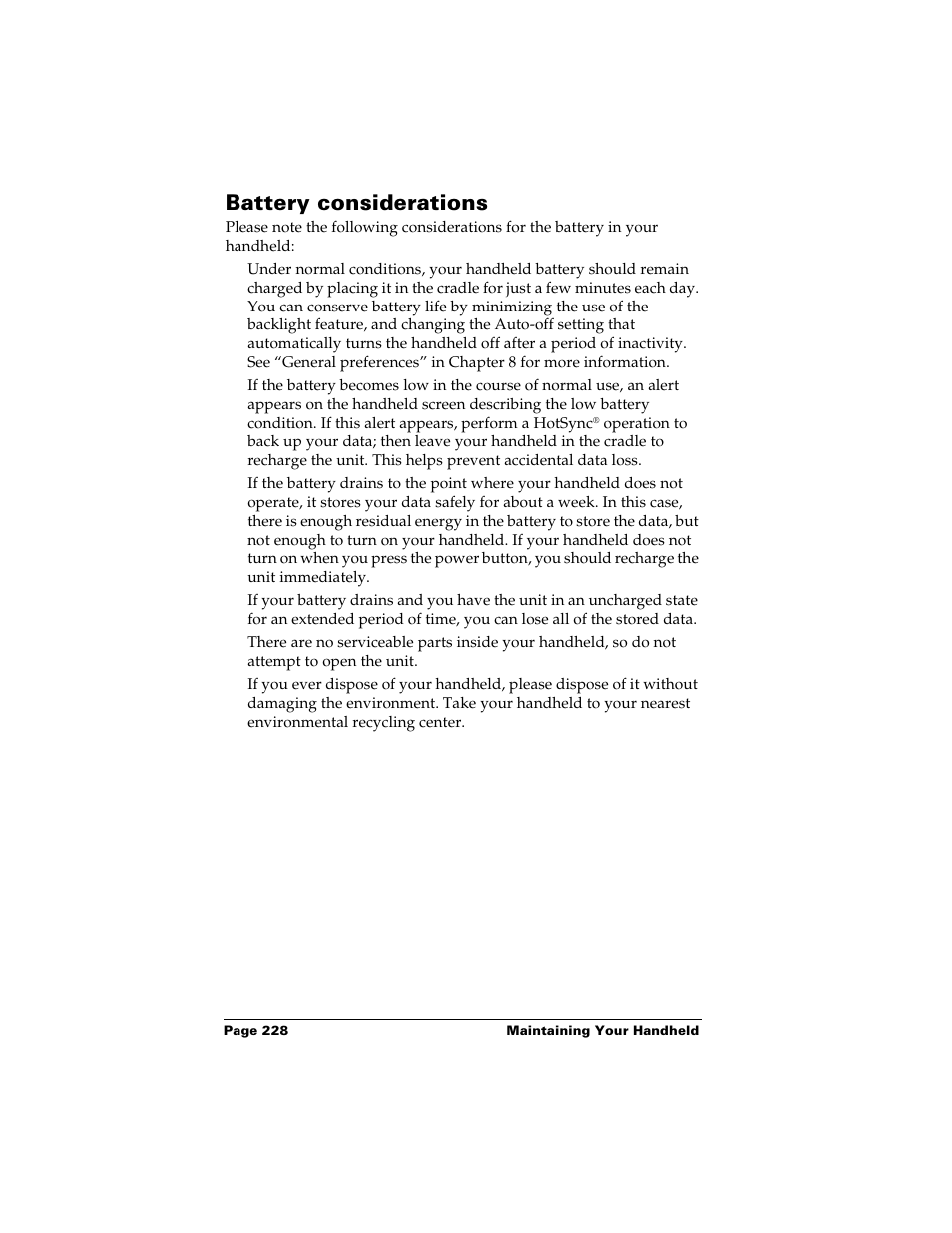 Battery considerations | Palm Handhelds m500 User Manual | Page 238 / 286