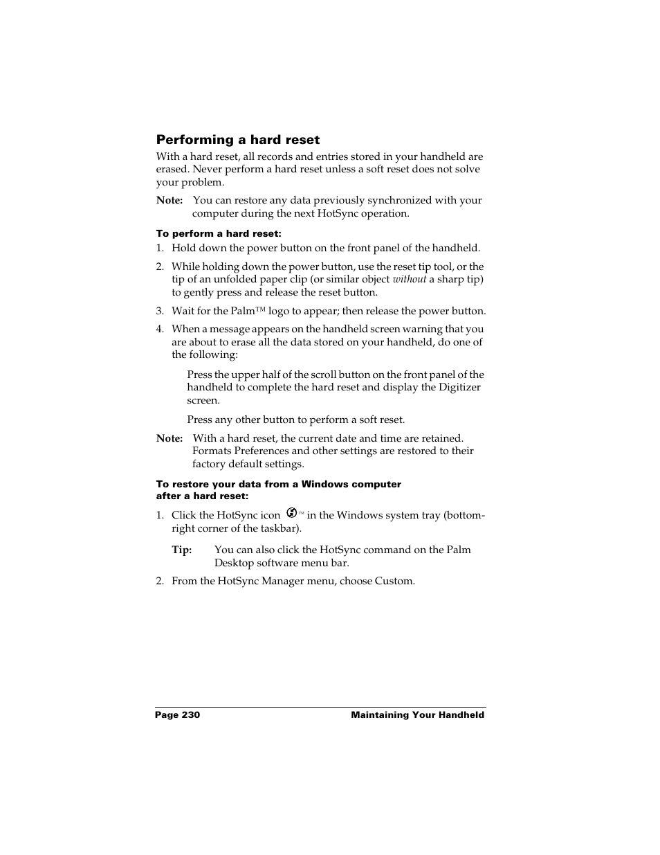 Performing a hard reset, To perform a hard reset | Palm Handhelds m500 User Manual | Page 240 / 286