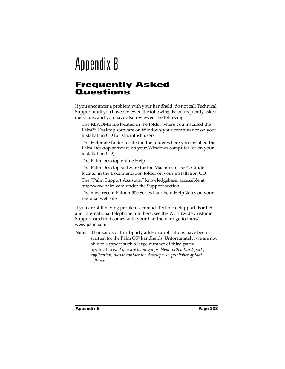 Appendix b, Frequently asked questions, Appendix b: frequently asked questions | Palm Handhelds m500 User Manual | Page 243 / 286