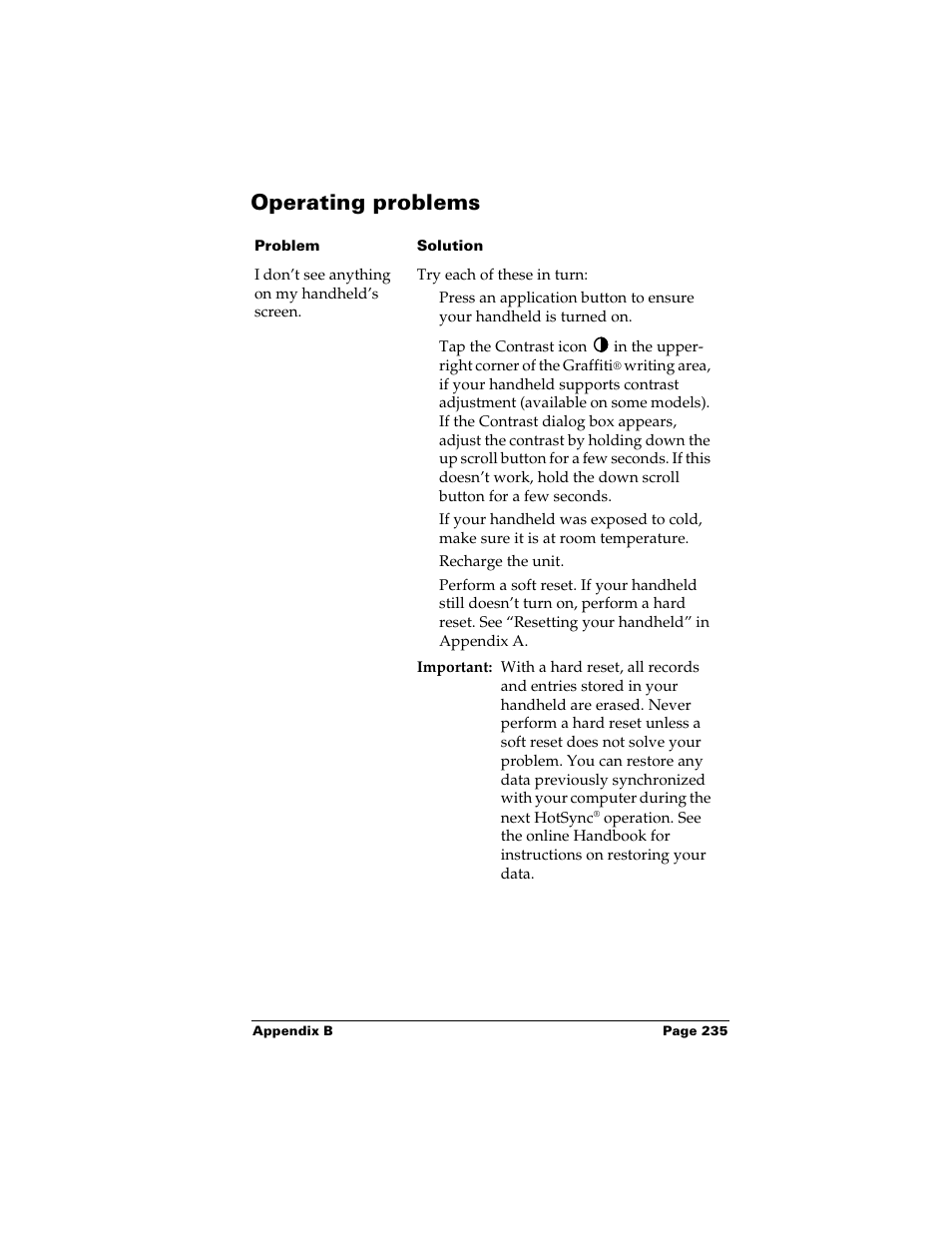 Operating problems | Palm Handhelds m500 User Manual | Page 245 / 286