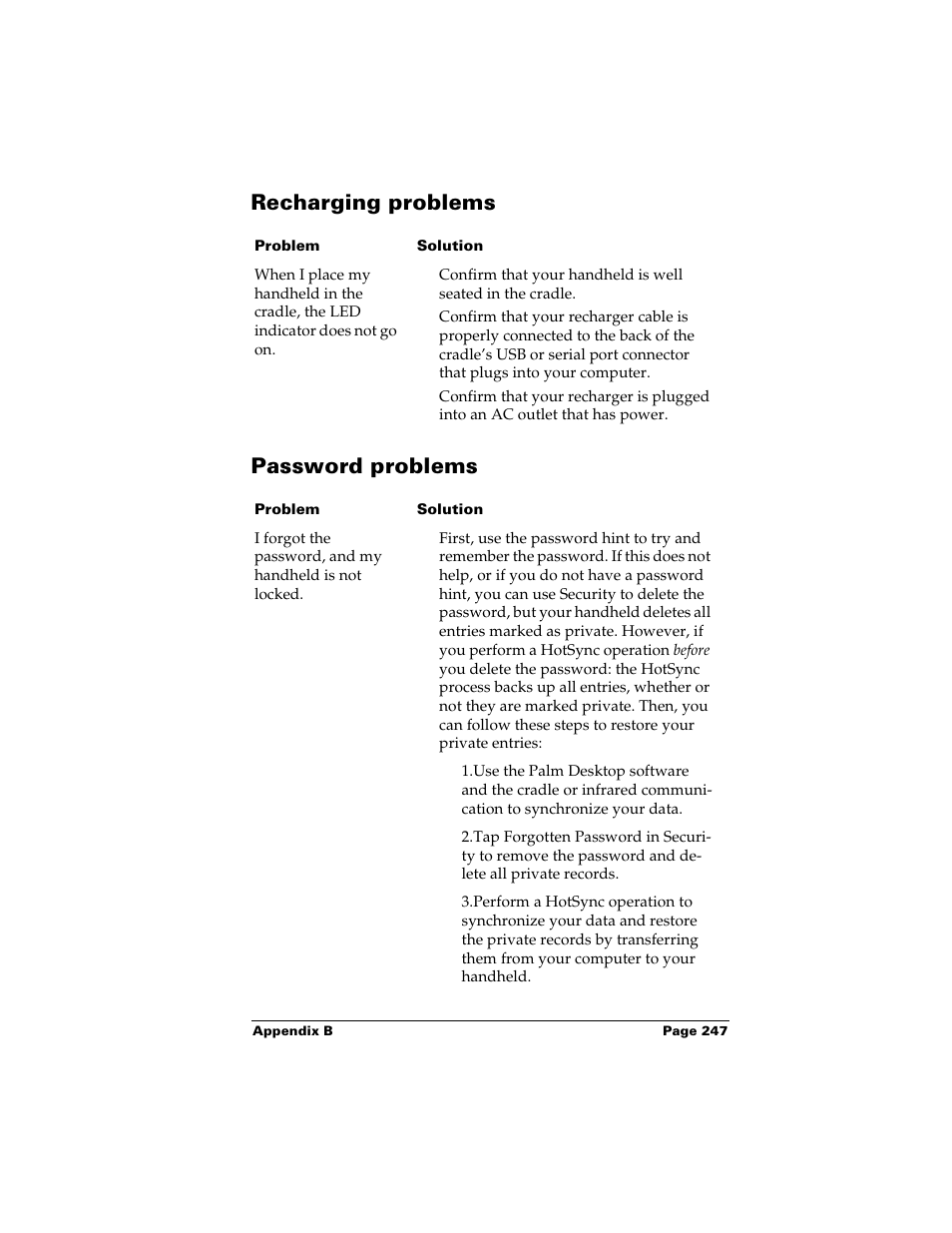 Recharging problems, Password problems, Recharging problems password problems | Palm Handhelds m500 User Manual | Page 257 / 286