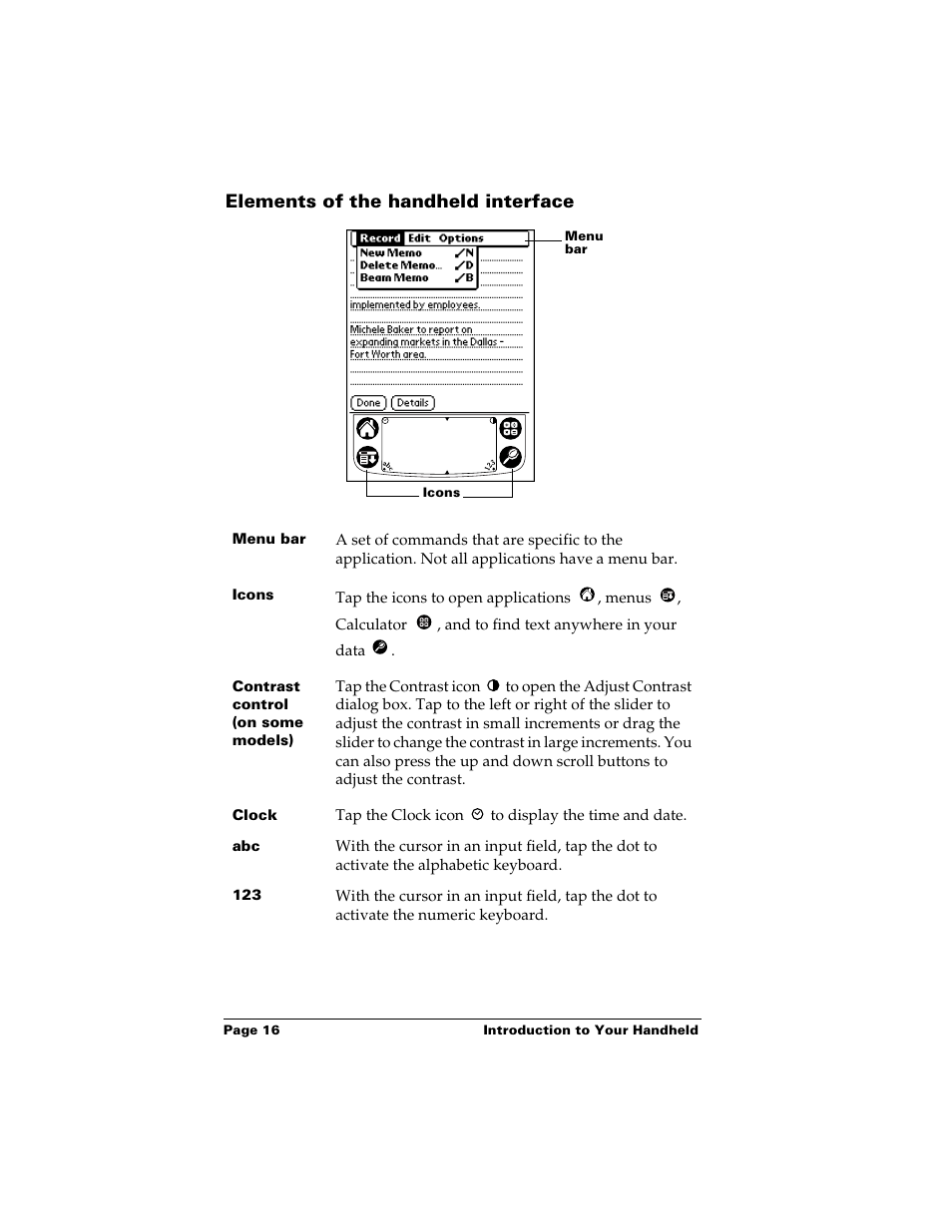 Elements of the handheld interface | Palm Handhelds m500 User Manual | Page 26 / 286