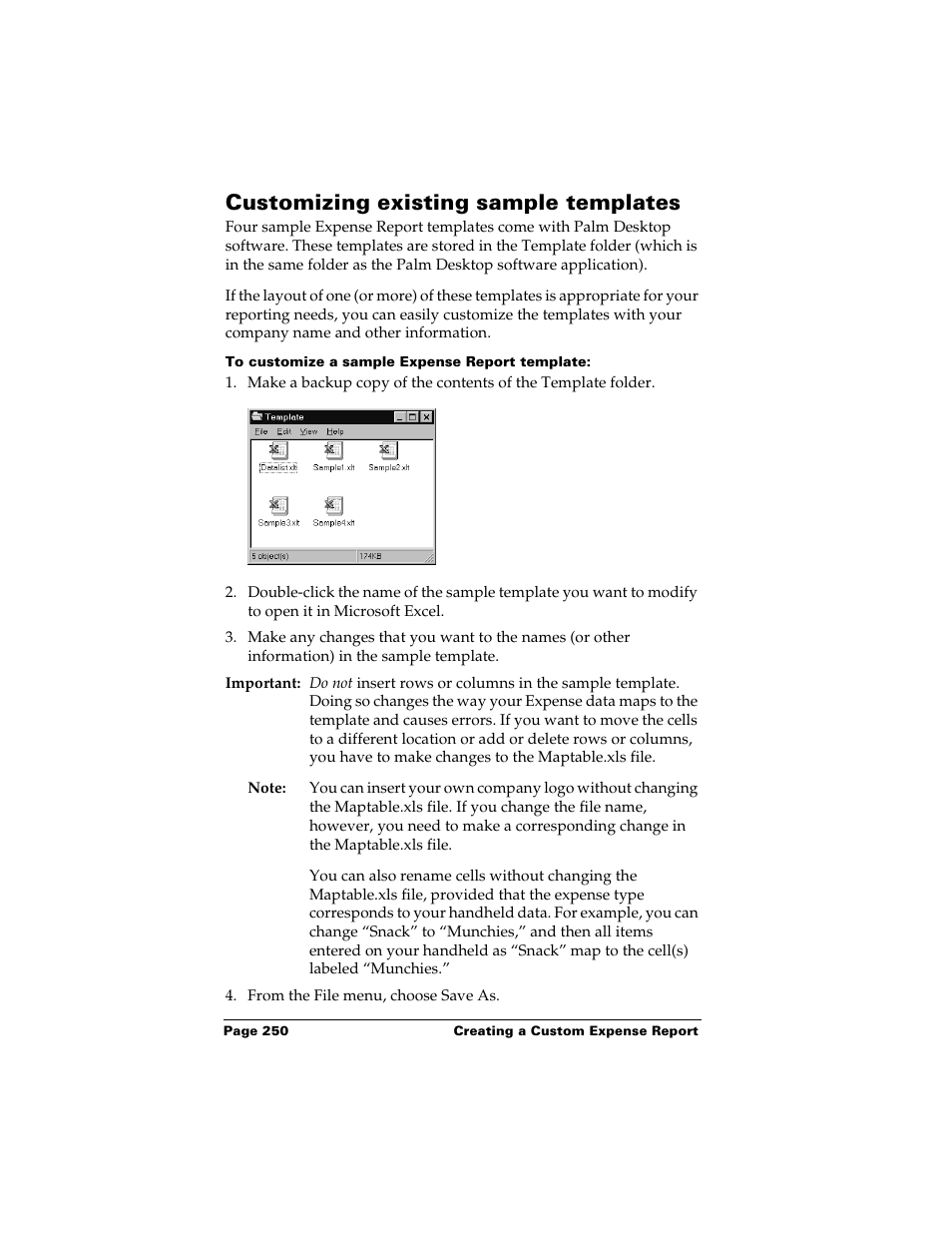 Customizing existing sample templates, To customize a sample expense report template | Palm Handhelds m500 User Manual | Page 260 / 286