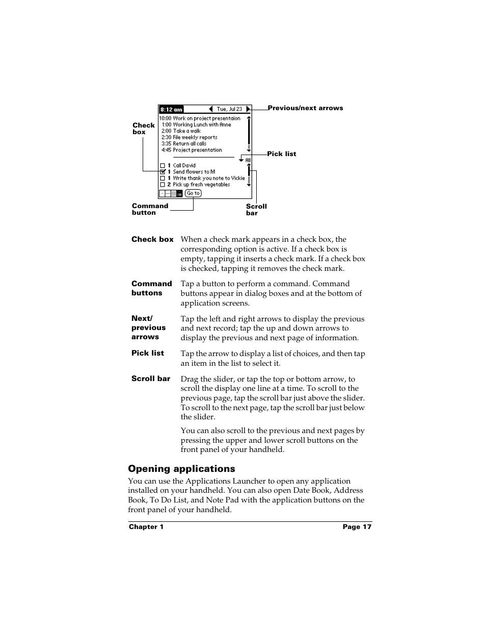 Opening applications | Palm Handhelds m500 User Manual | Page 27 / 286