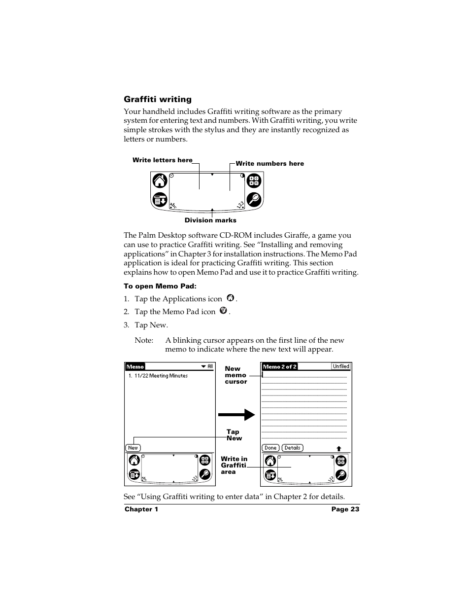 Graffiti writing, To open memo pad | Palm Handhelds m500 User Manual | Page 33 / 286