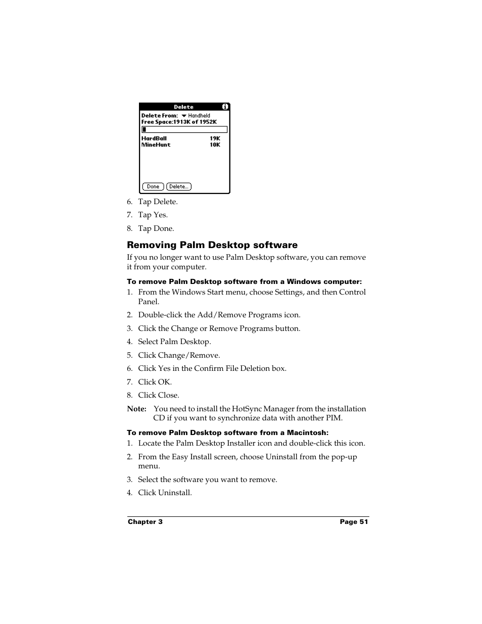 Removing palm desktop software, To remove palm desktop software from a macintosh | Palm Handhelds m500 User Manual | Page 61 / 286