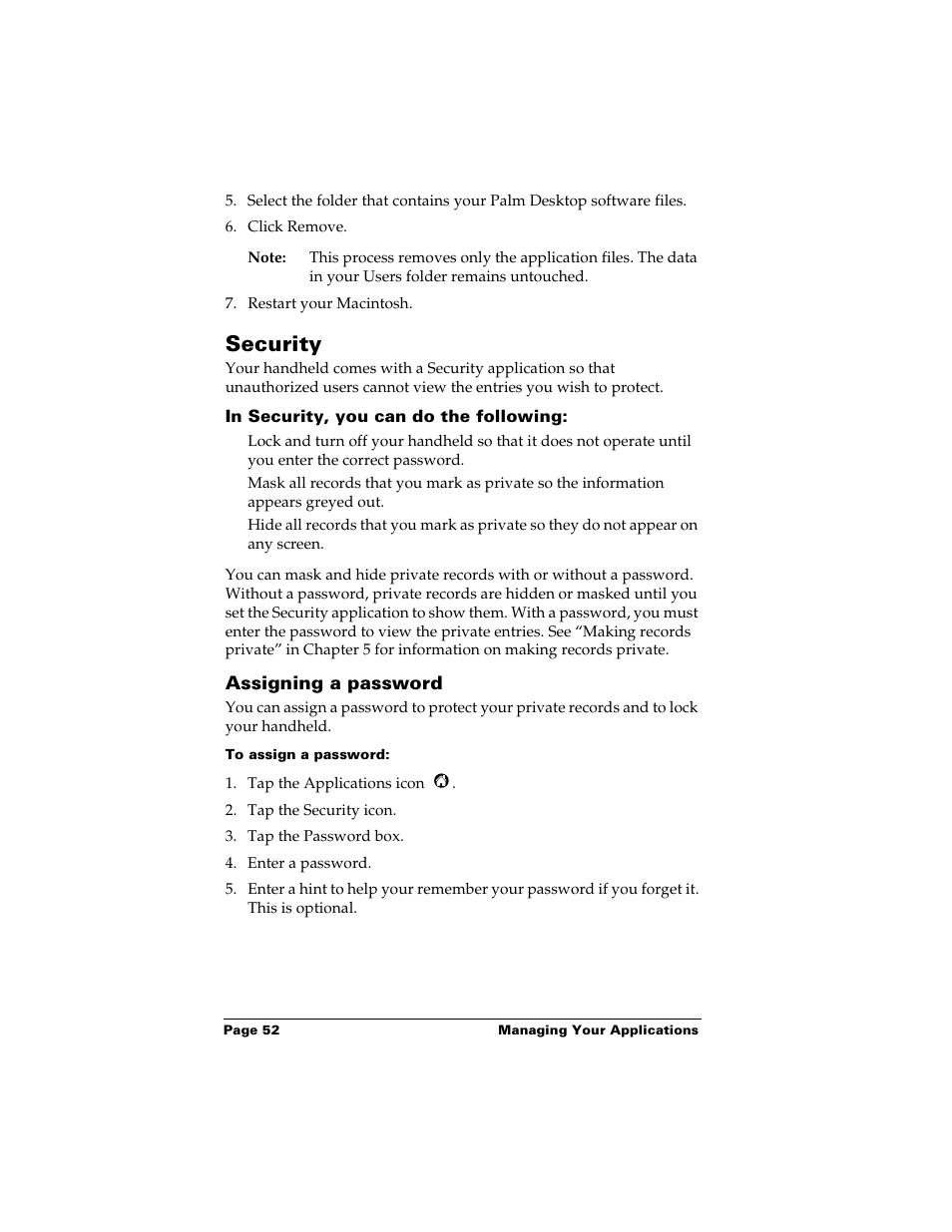 Security, In security, you can do the following, Assigning a password | To assign a password | Palm Handhelds m500 User Manual | Page 62 / 286