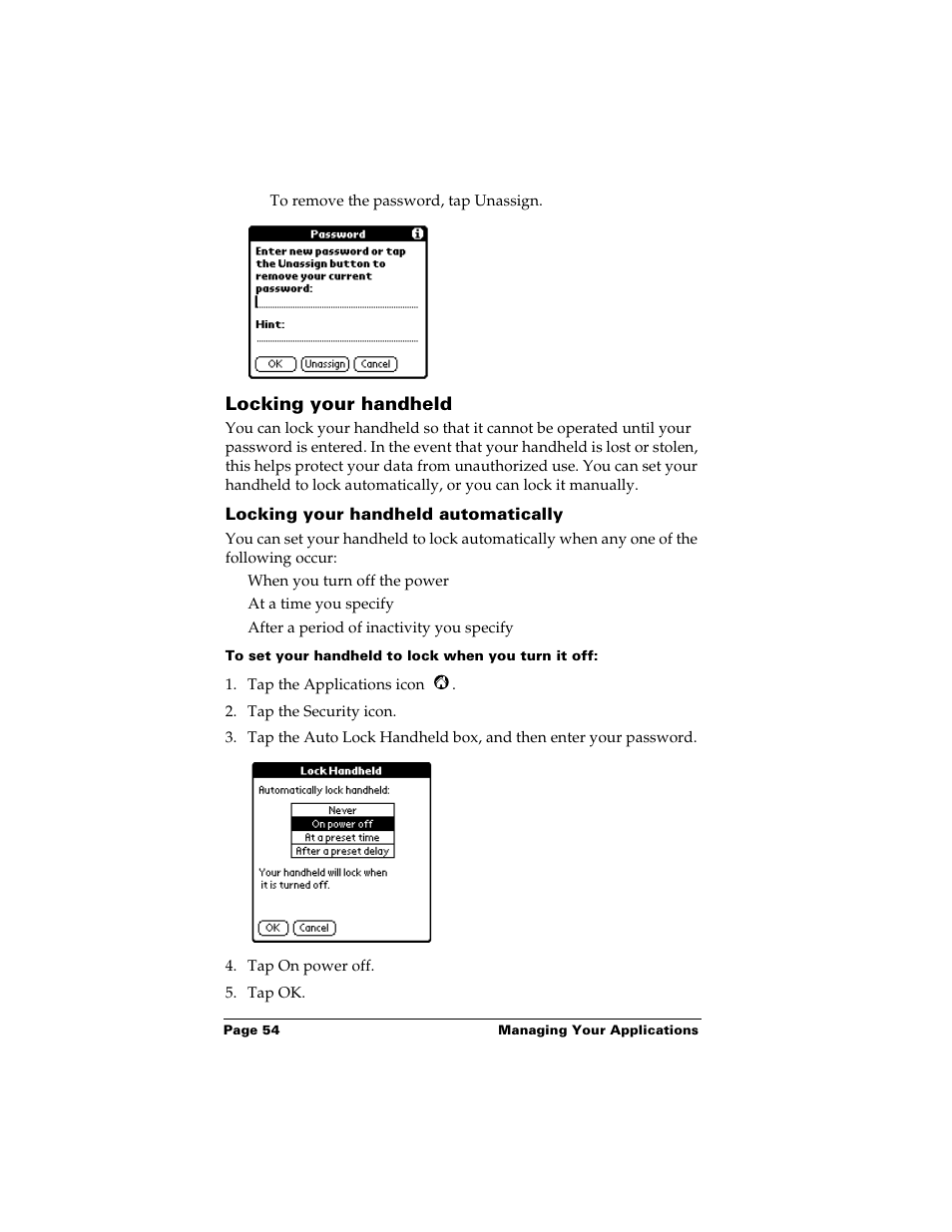Locking your handheld, Locking your handheld automatically, To set your handheld to lock when you turn it off | Palm Handhelds m500 User Manual | Page 64 / 286
