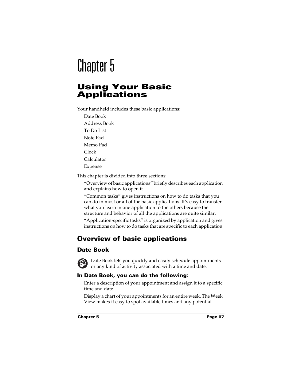 Chapter 5, Using your basic applications, Overview of basic applications | Date book, In date book, you can do the following, Chapter 5: using your basic applications | Palm Handhelds m500 User Manual | Page 77 / 286
