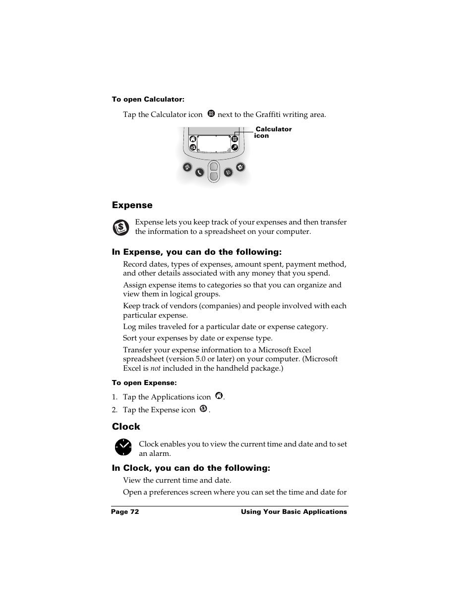 To open calculator, Expense, In expense, you can do the following | To open expense, Clock, In clock, you can do the following, Expense clock | Palm Handhelds m500 User Manual | Page 82 / 286