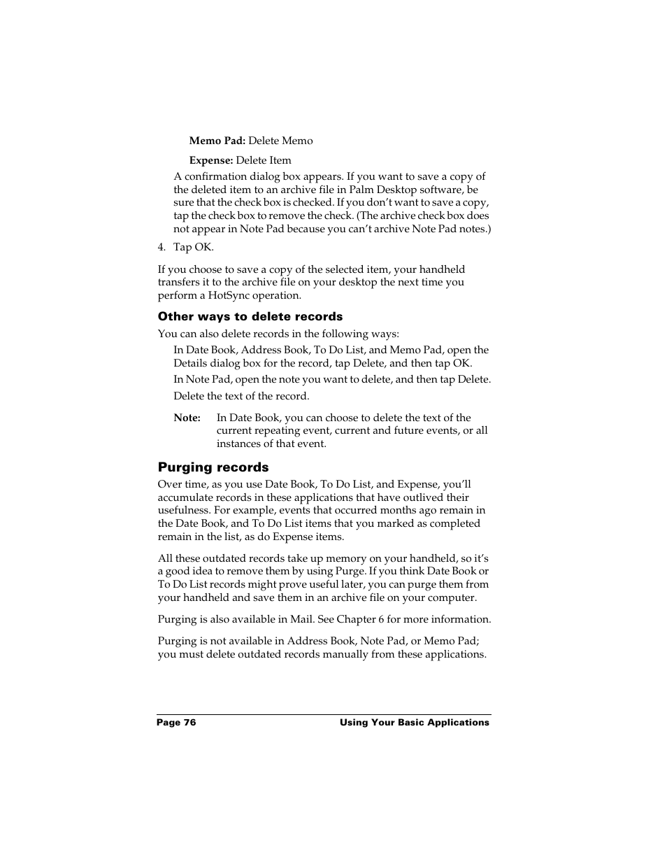 Other ways to delete records, Purging records | Palm Handhelds m500 User Manual | Page 86 / 286