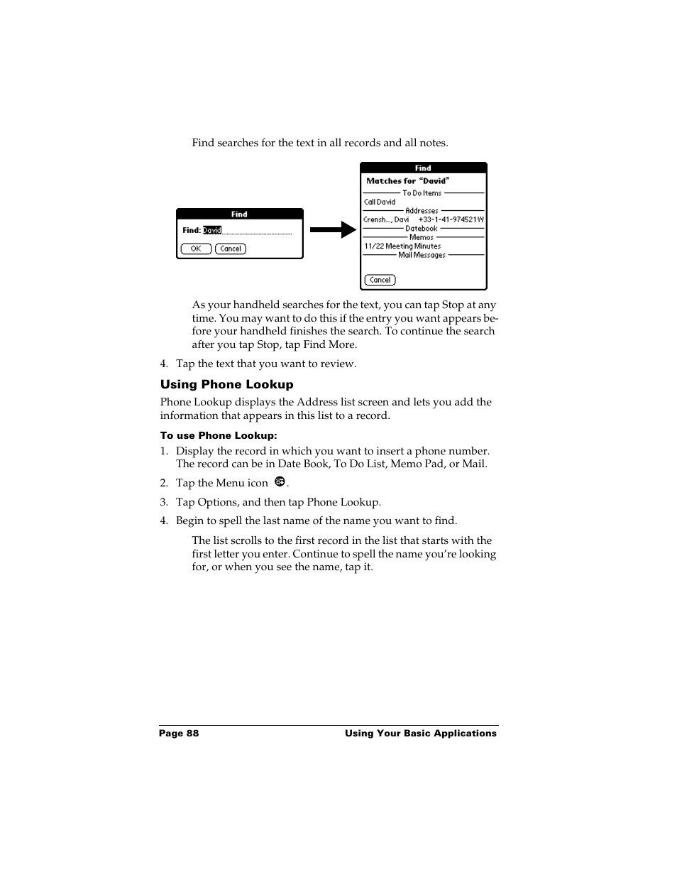 Using phone lookup, To use phone lookup | Palm Handhelds m500 User Manual | Page 98 / 286