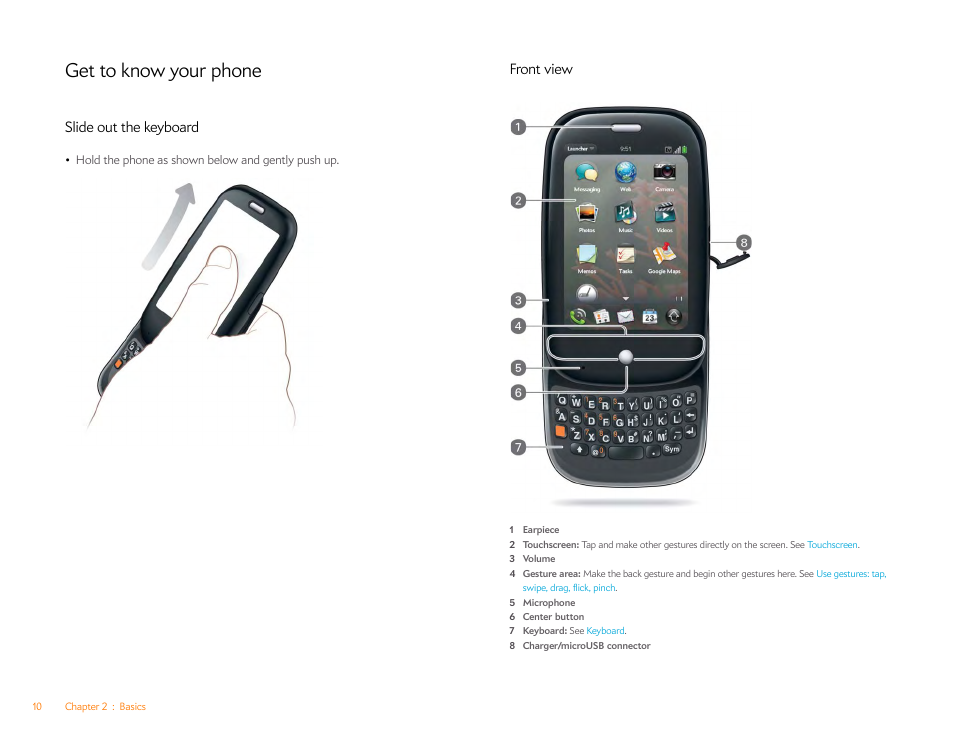 Get to know your phone, Slide out the keyboard, Front view | Palm Pre P100EWW User Manual | Page 10 / 204