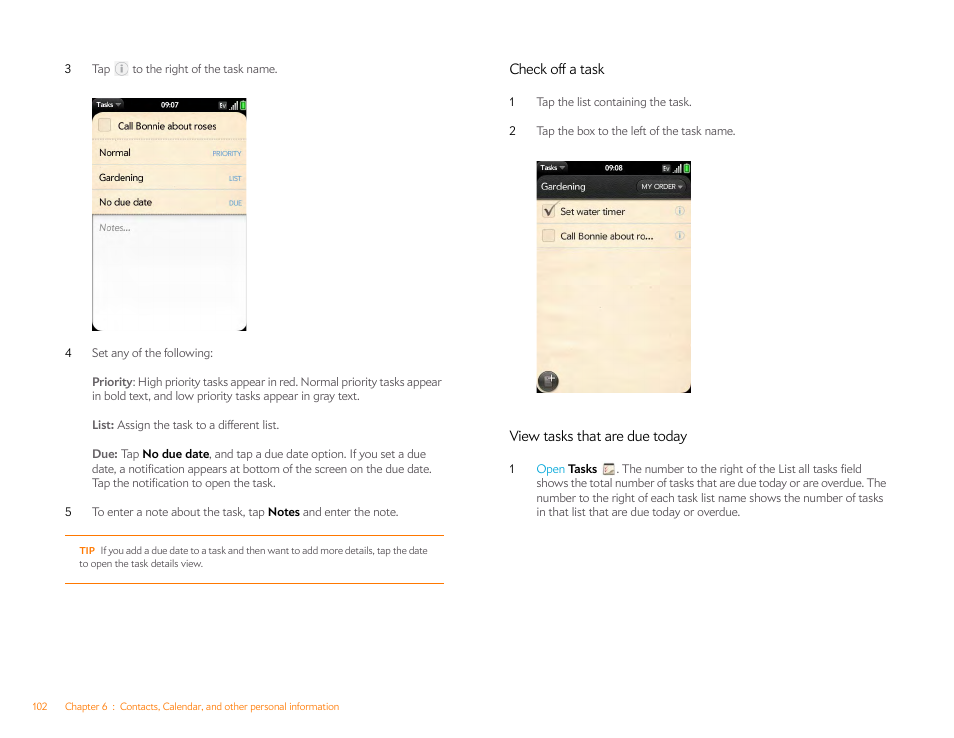 Check off a task, View tasks that are due today | Palm Pre P100EWW User Manual | Page 102 / 204