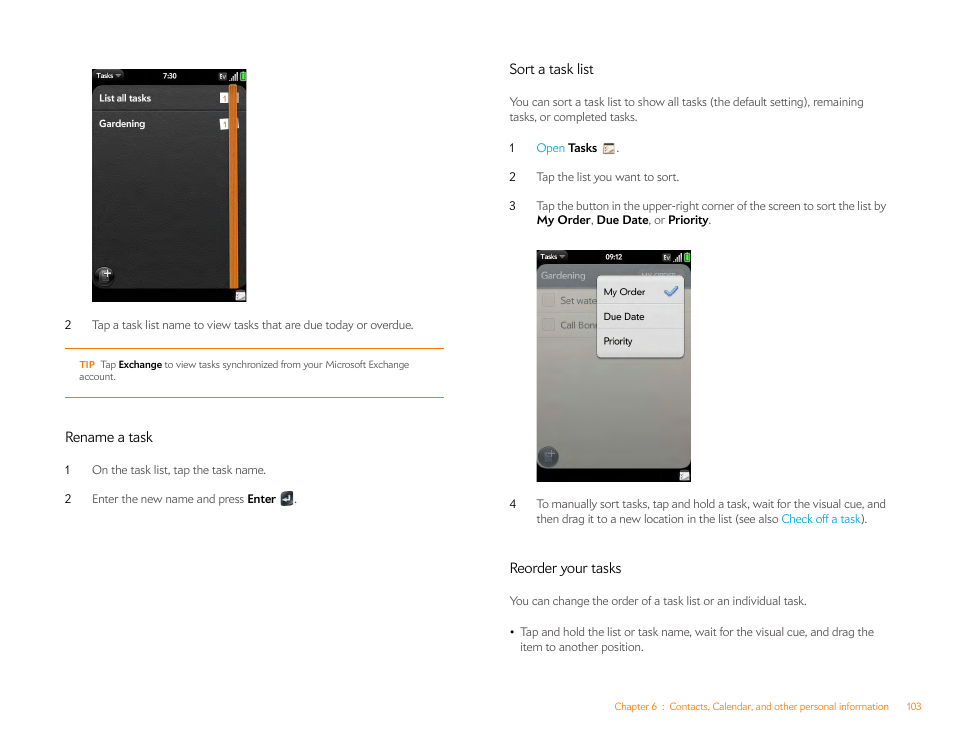 Rename a task, Sort a task list, Reorder your tasks | Palm Pre P100EWW User Manual | Page 103 / 204