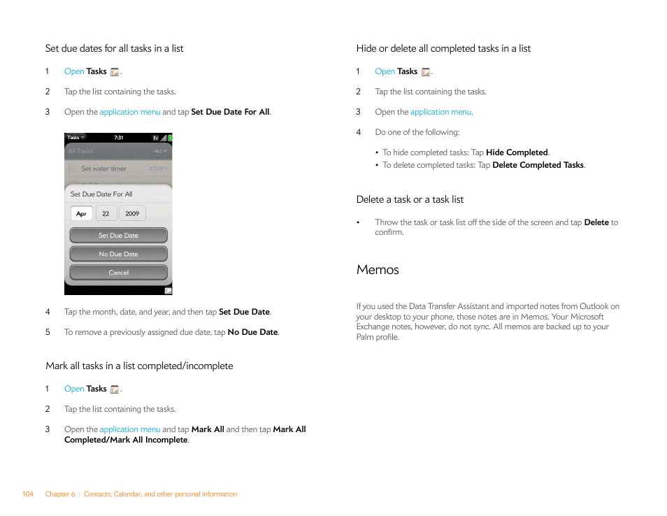 Set due dates for all tasks in a list, Mark all tasks in a list completed/incomplete, Hide or delete all completed tasks in a list | Delete a task or a task list, Memos | Palm Pre P100EWW User Manual | Page 104 / 204