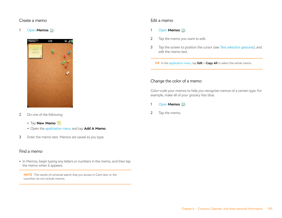 Create a memo, Find a memo, Edit a memo | Change the color of a memo | Palm Pre P100EWW User Manual | Page 105 / 204