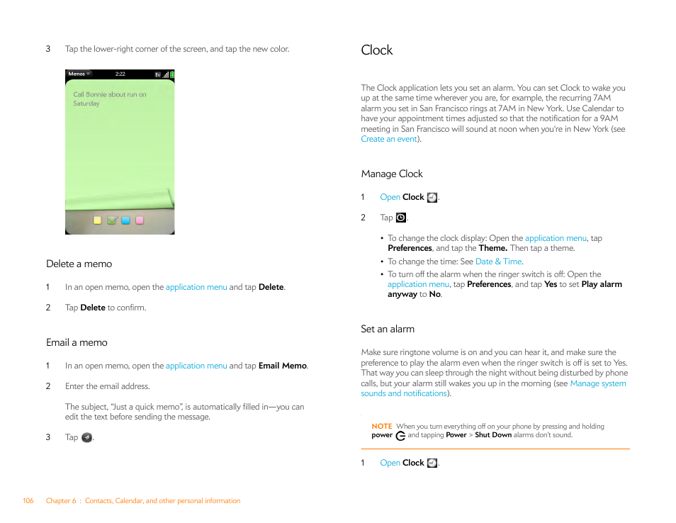 Delete a memo, Email a memo, Clock | Manage clock, Set an alarm | Palm Pre P100EWW User Manual | Page 106 / 204