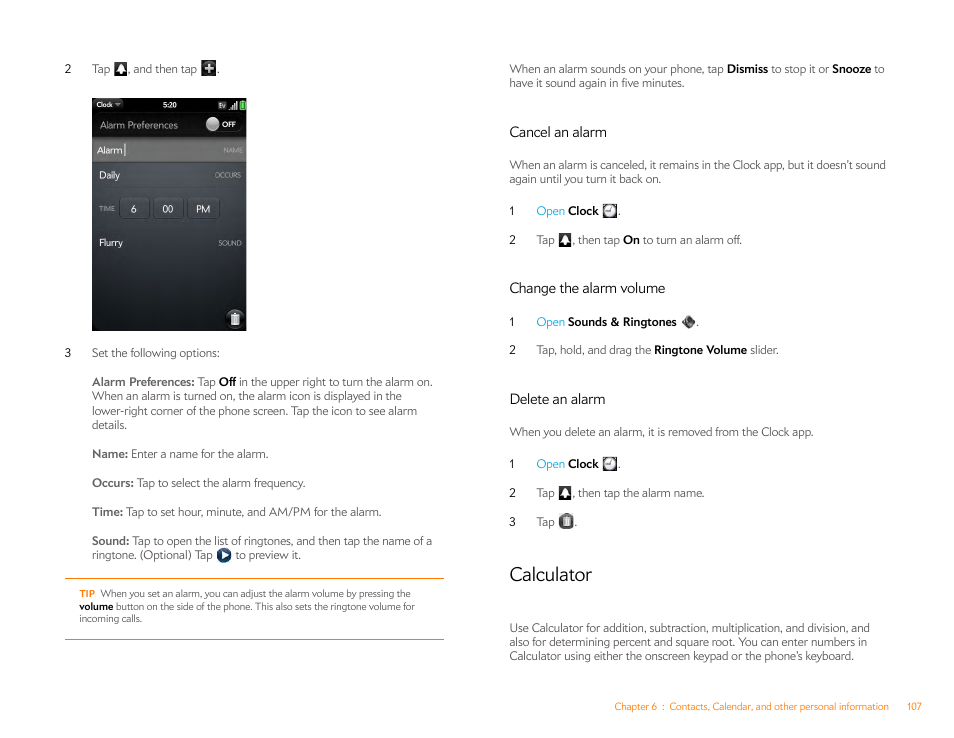 Cancel an alarm, Change the alarm volume, Delete an alarm | Calculator | Palm Pre P100EWW User Manual | Page 107 / 204