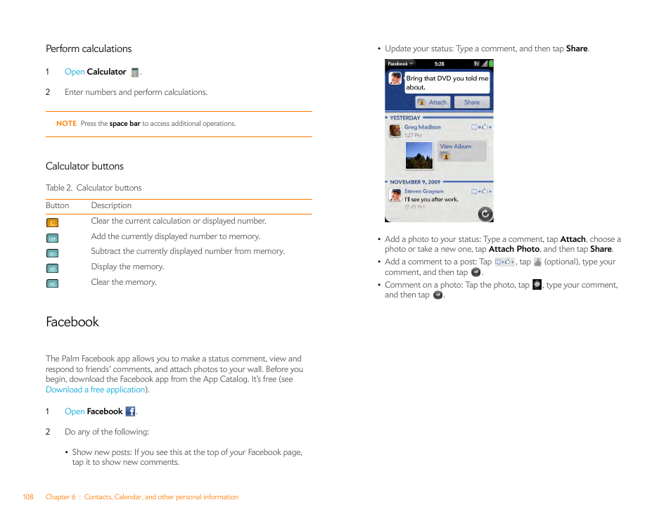 Perform calculations, Calculator buttons, Facebook | Palm Pre P100EWW User Manual | Page 108 / 204