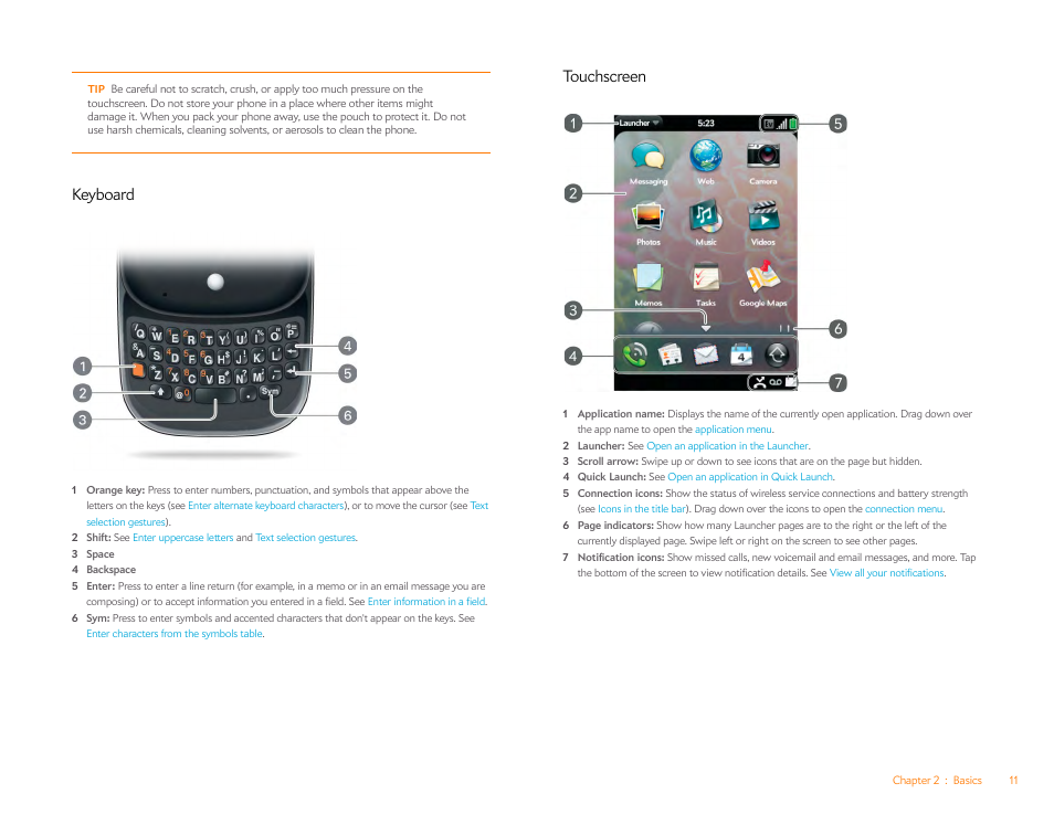 Keyboard, Touchscreen | Palm Pre P100EWW User Manual | Page 11 / 204