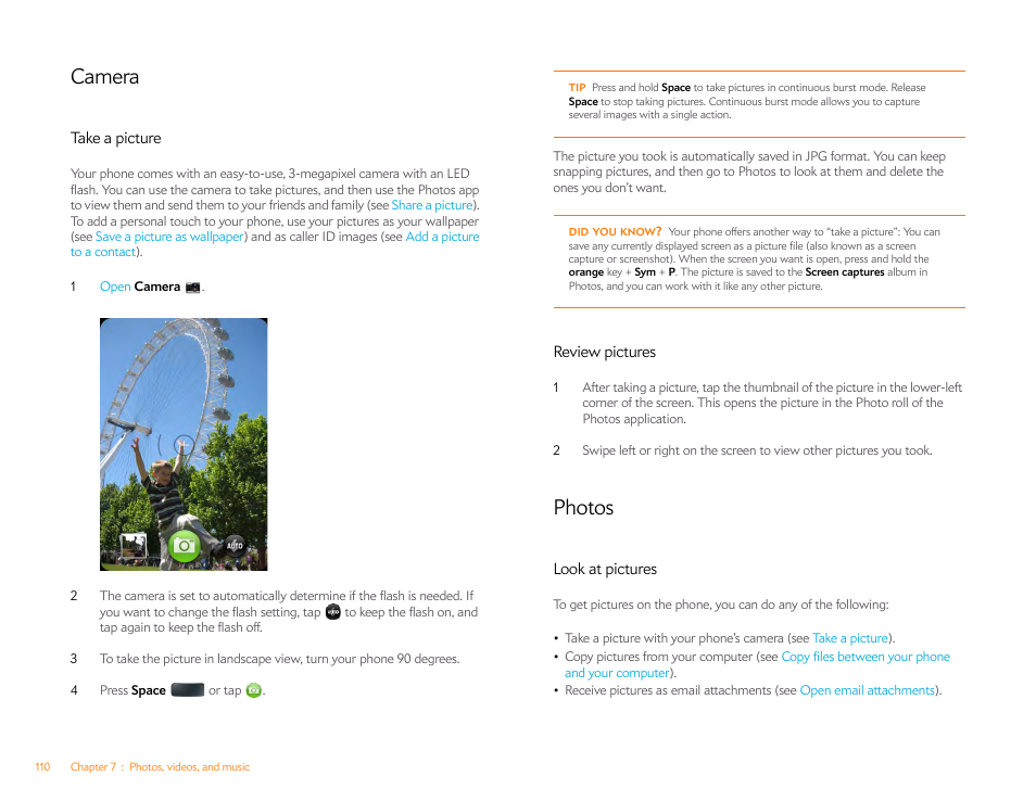 Camera, Take a picture, Review pictures | Photos, Look at pictures | Palm Pre P100EWW User Manual | Page 110 / 204
