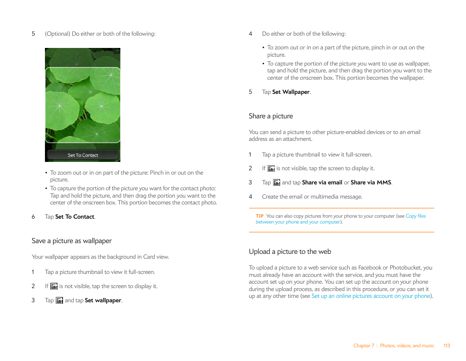 Save a picture as wallpaper, Share a picture, Upload a picture to the web | And as c, Save a picture as, Wallpaper | Palm Pre P100EWW User Manual | Page 113 / 204