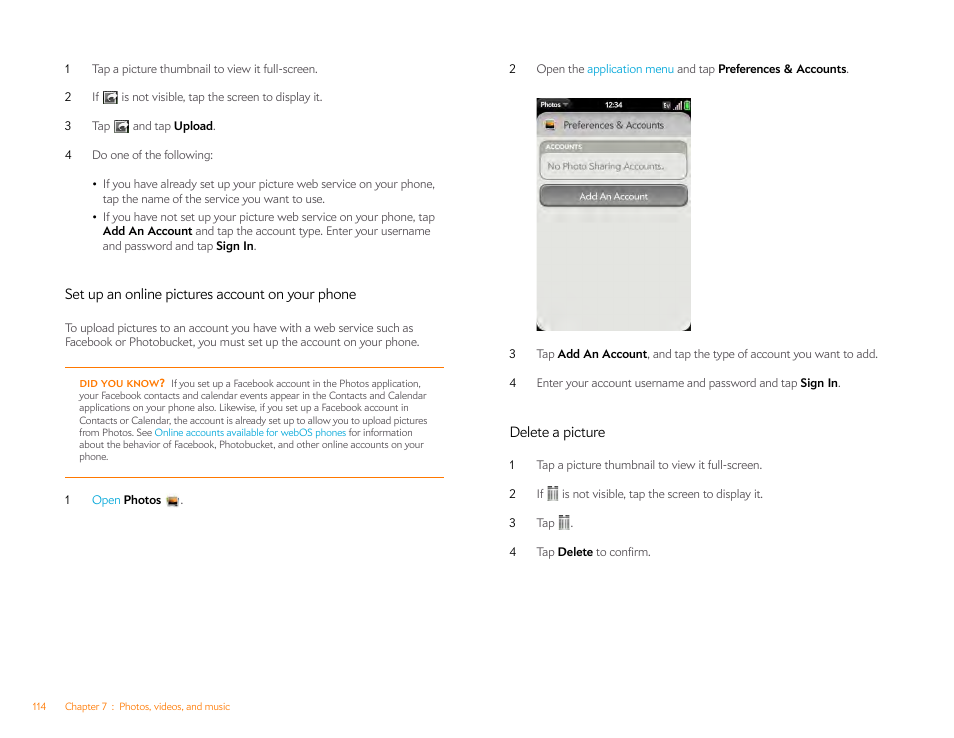 Set up an online pictures account on your phone, Delete a picture | Palm Pre P100EWW User Manual | Page 114 / 204