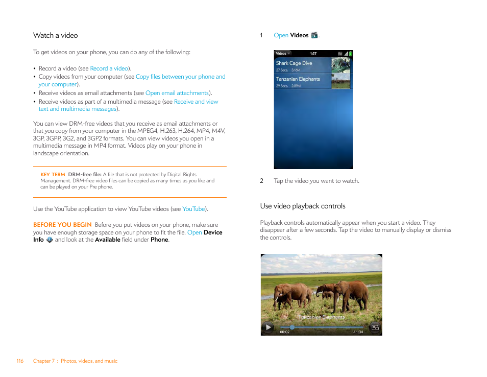 Watch a video, Use video playback controls | Palm Pre P100EWW User Manual | Page 116 / 204
