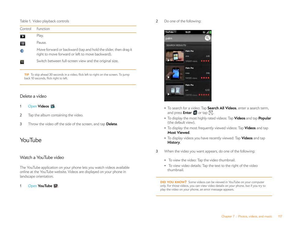 Delete a video, Youtube, Watch a youtube video | Palm Pre P100EWW User Manual | Page 117 / 204