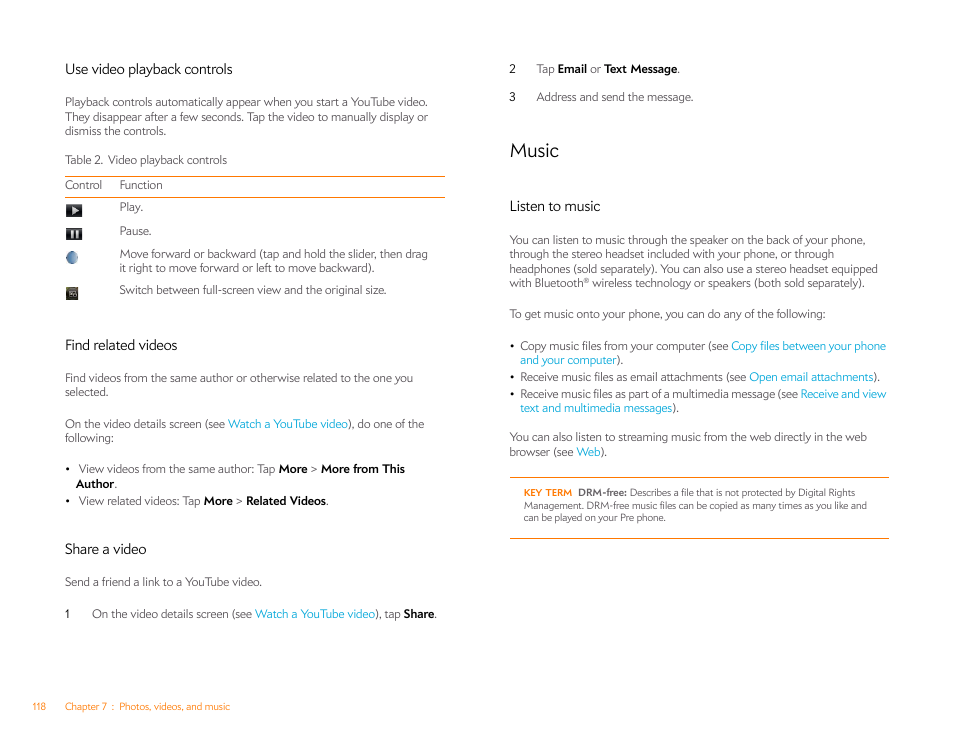 Use video playback controls, Find related videos, Share a video | Music, Listen to music | Palm Pre P100EWW User Manual | Page 118 / 204