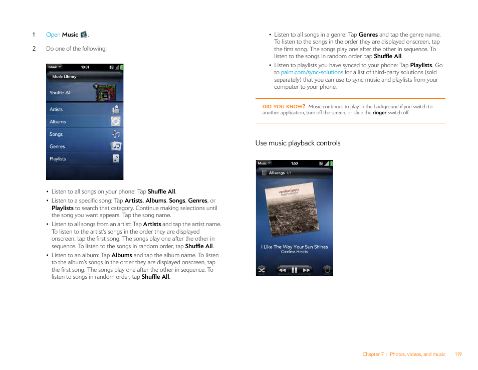 Use music playback controls | Palm Pre P100EWW User Manual | Page 119 / 204
