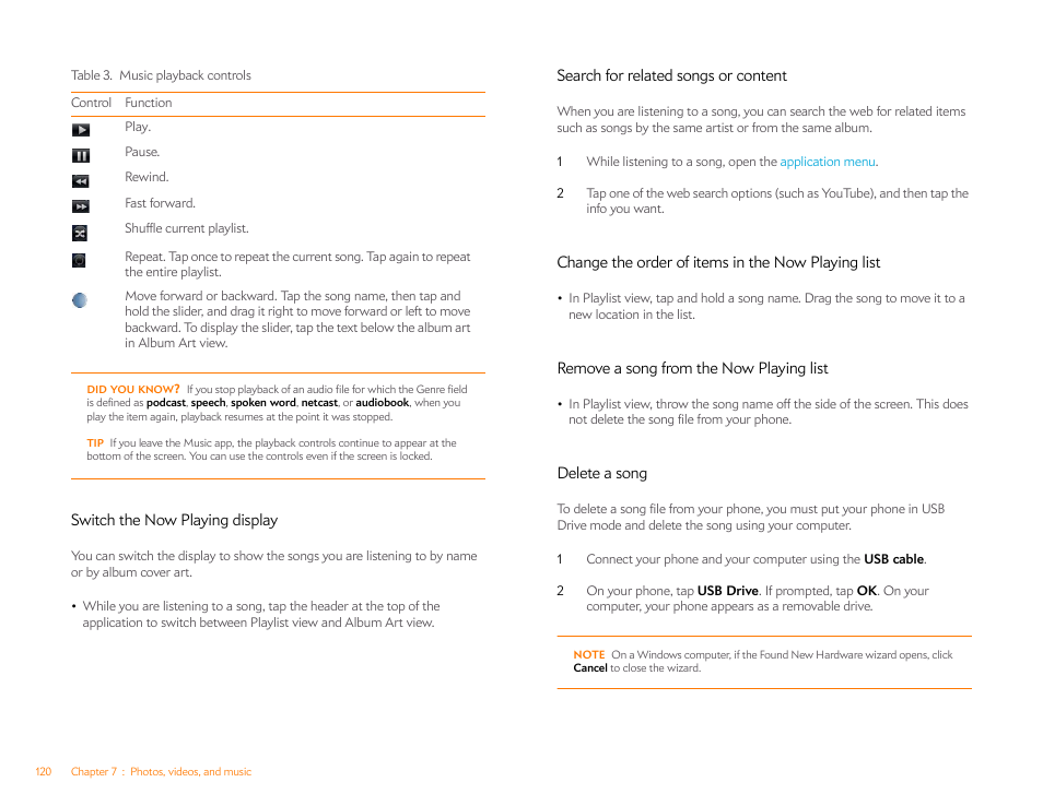 Switch the now playing display, Search for related songs or content, Change the order of items in the now playing list | Remove a song from the now playing list, Delete a song | Palm Pre P100EWW User Manual | Page 120 / 204