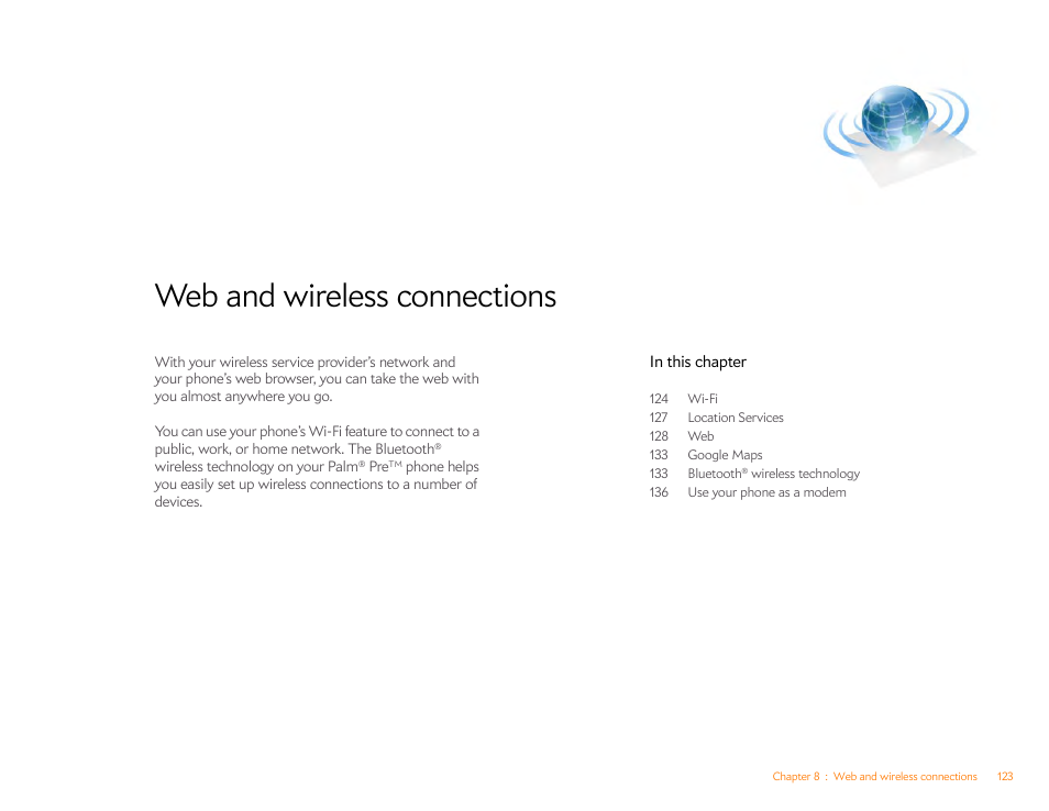 Web and wireless connections, Chapter 8 | Palm Pre P100EWW User Manual | Page 123 / 204