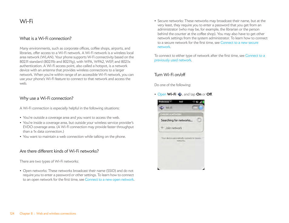 Wi-fi, What is a wi-fi connection, Why use a wi-fi connection | Are there different kinds of wi-fi networks, Turn wi-fi on/off | Palm Pre P100EWW User Manual | Page 124 / 204