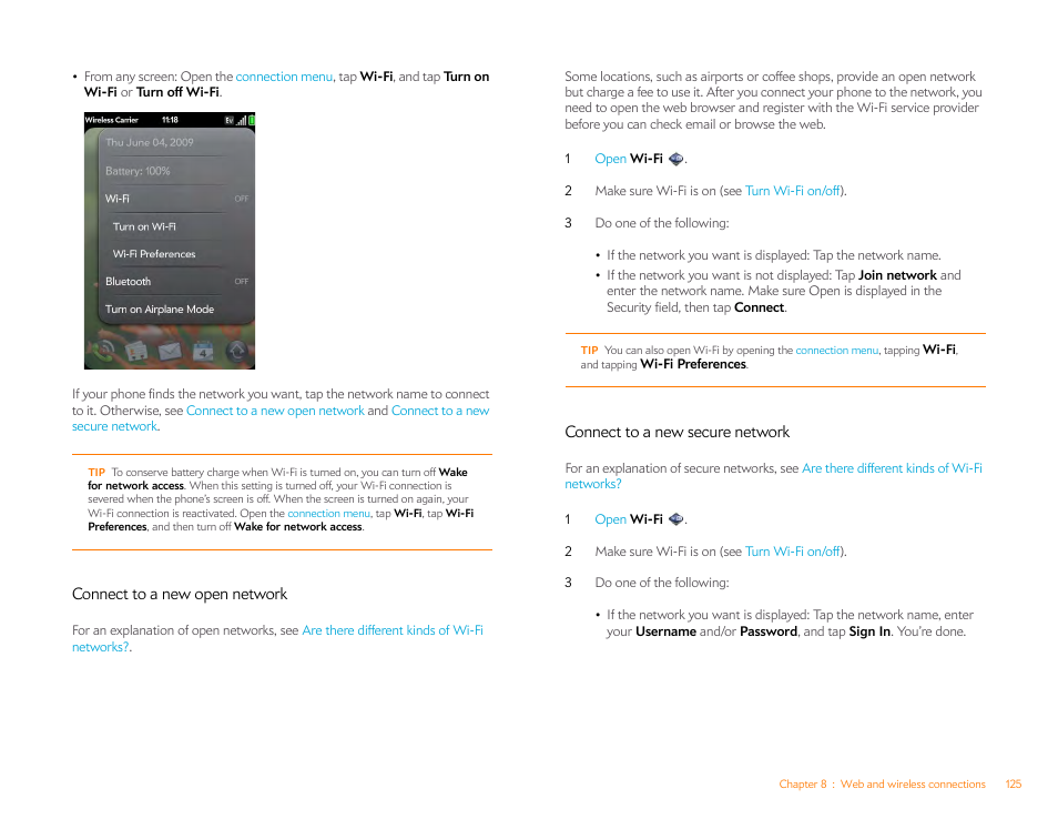 Connect to a new open network, Connect to a new secure network, Connect to a new secure | Network | Palm Pre P100EWW User Manual | Page 125 / 204