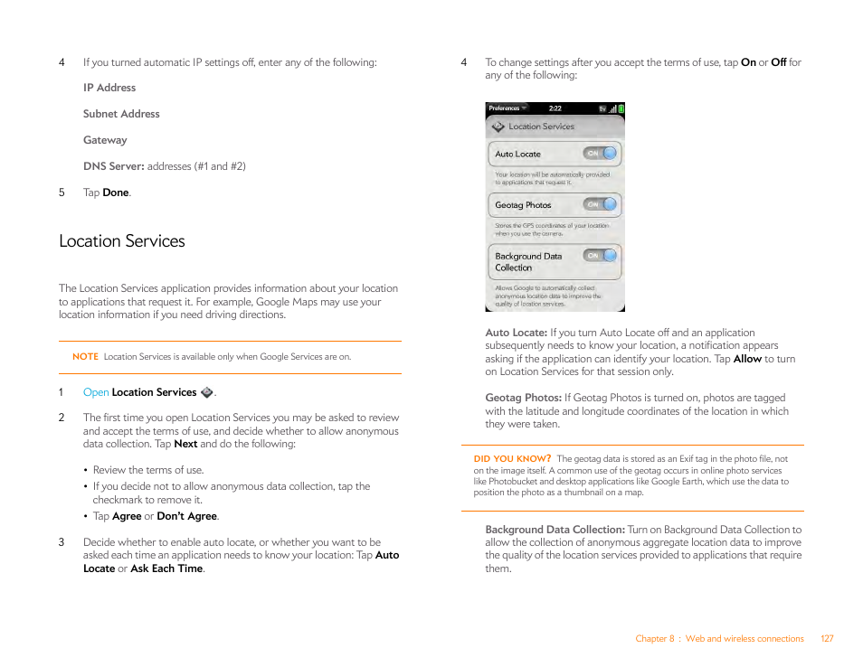 Location services | Palm Pre P100EWW User Manual | Page 127 / 204
